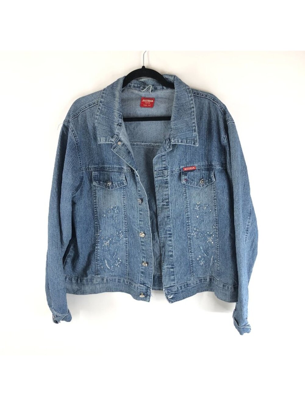 Misswan Womens Denim Jacket Embroidered Butterflies Floral Vintage Y2K US L
